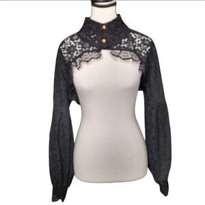 Dark Romance Gothic Black Lace Rose Button Puff Sleeve Victorian Crop Shrug O/S